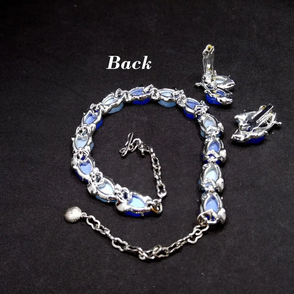 1960s Blue Lucite Leaf Necklace & Clip On Earrings Set Silver Tone Vintage